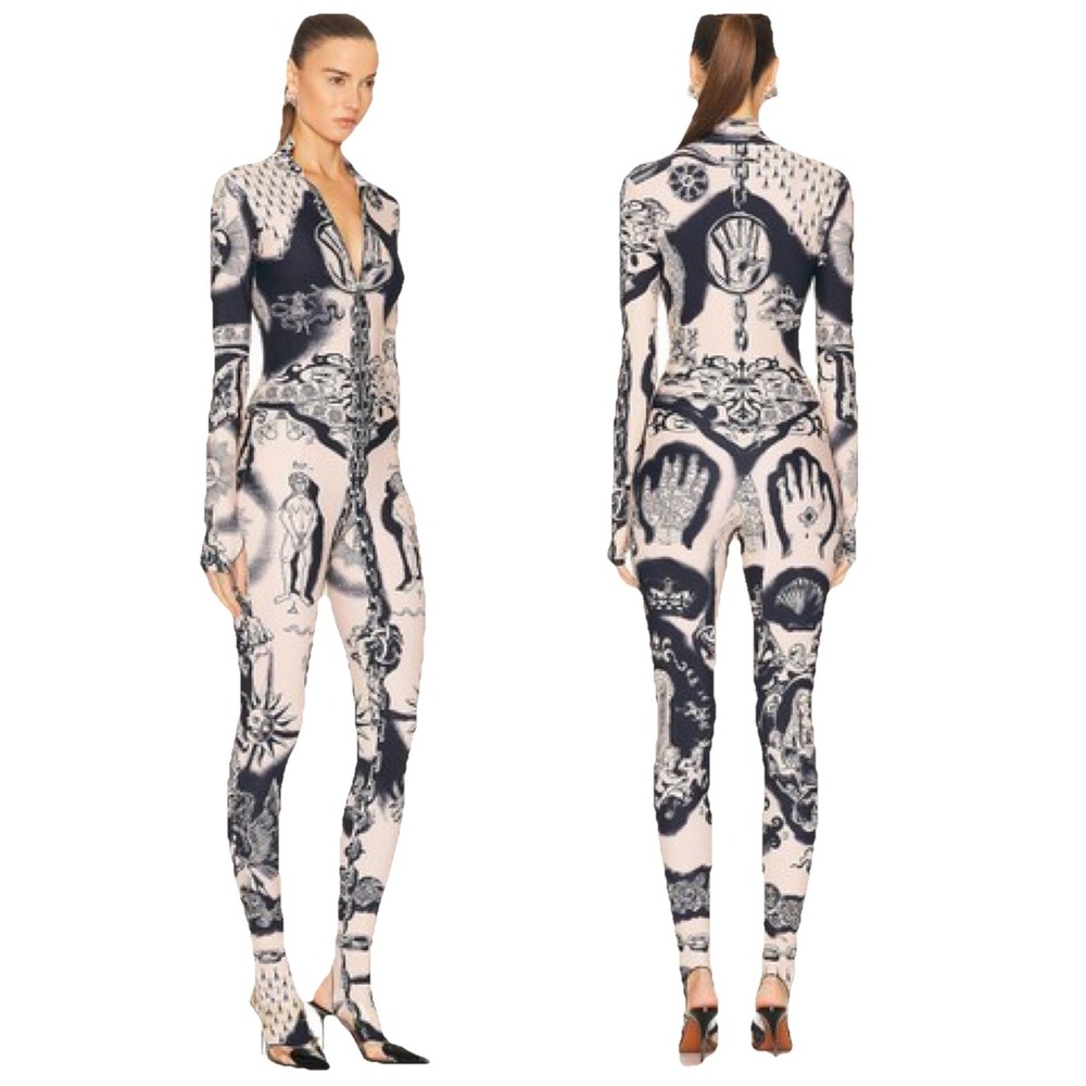 Jean Paul Gaultier Printed Heraldique Long Sleeve High Neck Catsuit XXL Cream - Picture 5 of 16